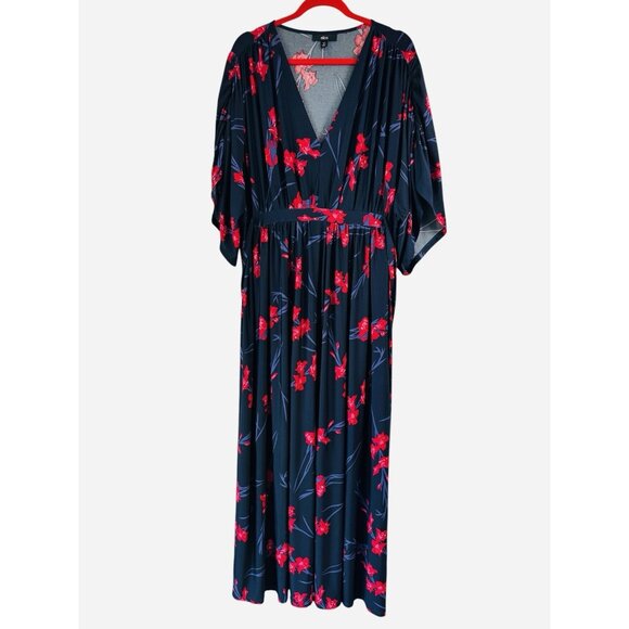Ellos Maxi Dress 1X 22 24 Blue Red Floral Stretch Knit Tie Back Resort Cruise - Picture 1 of 8